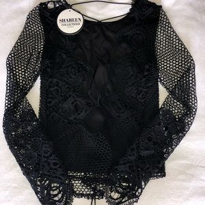 Mesh top with lace sleeves